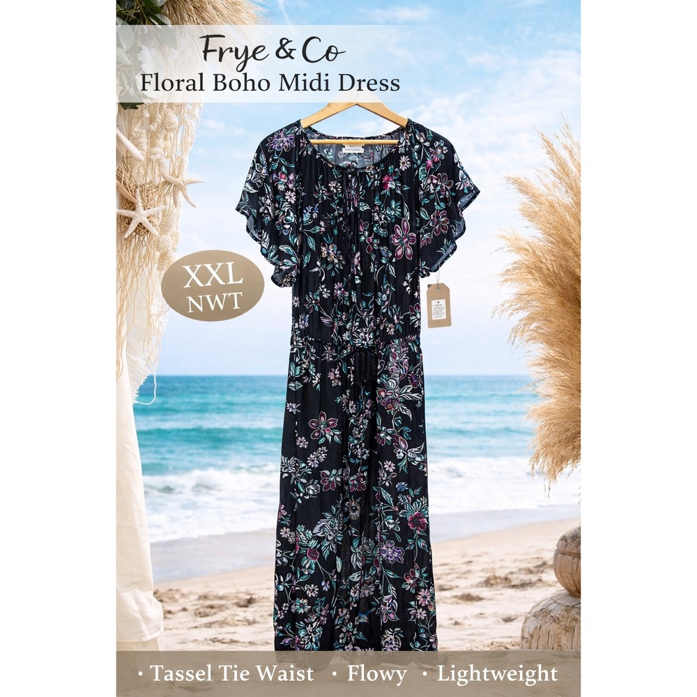 Frye & Co Maxi Dress XXL Black Floral Tassel Tie Boho Women NWT $90